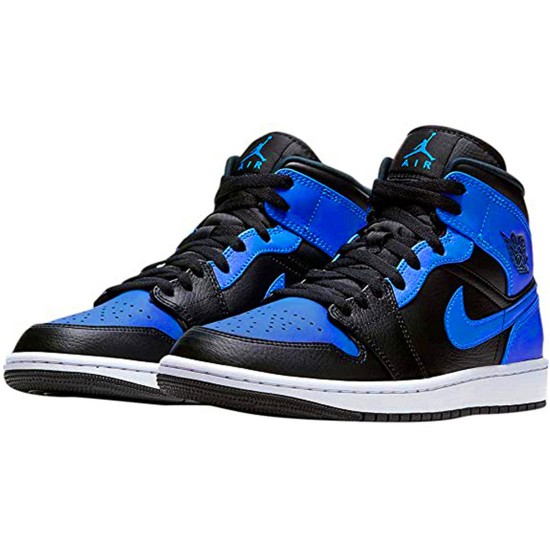 Jordan 1 Mid Hyper Royal Tumbled Leather Svart/Hyper Royal-Vit Jordan Skor